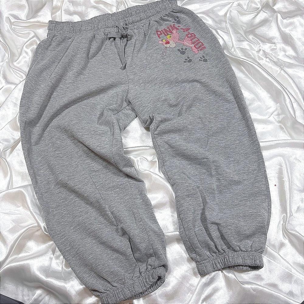 y2k Pink Panther Graphic Sweatpants Gray Excellent Glitter Pink-A-Boo Joggers